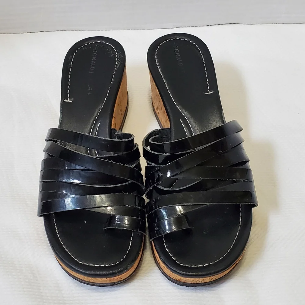 Donald J. Pliner Black Patent Leather Cork Wedge Sandals